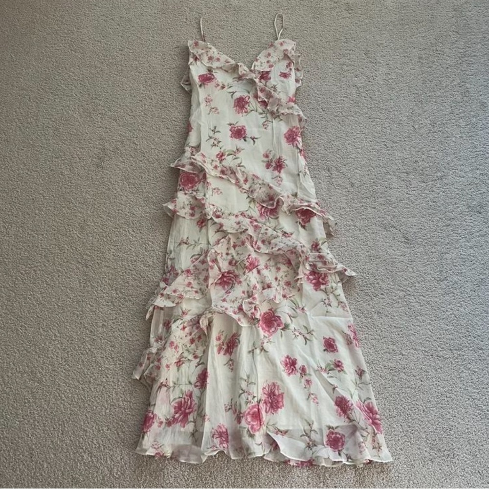 Cream & pink floral ruffle maxi dress